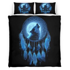 Housse de Couette Attrape-Rêves Bleu et Silhouette de Loup